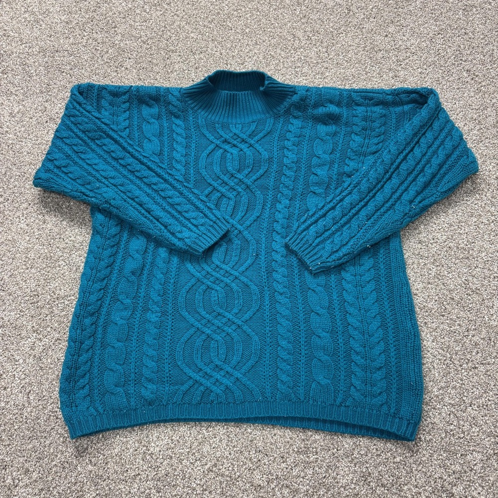 Vintage Sweater Womens XL Blue Mock Neck Cable-Knit Heavyweight Long Sleeve
